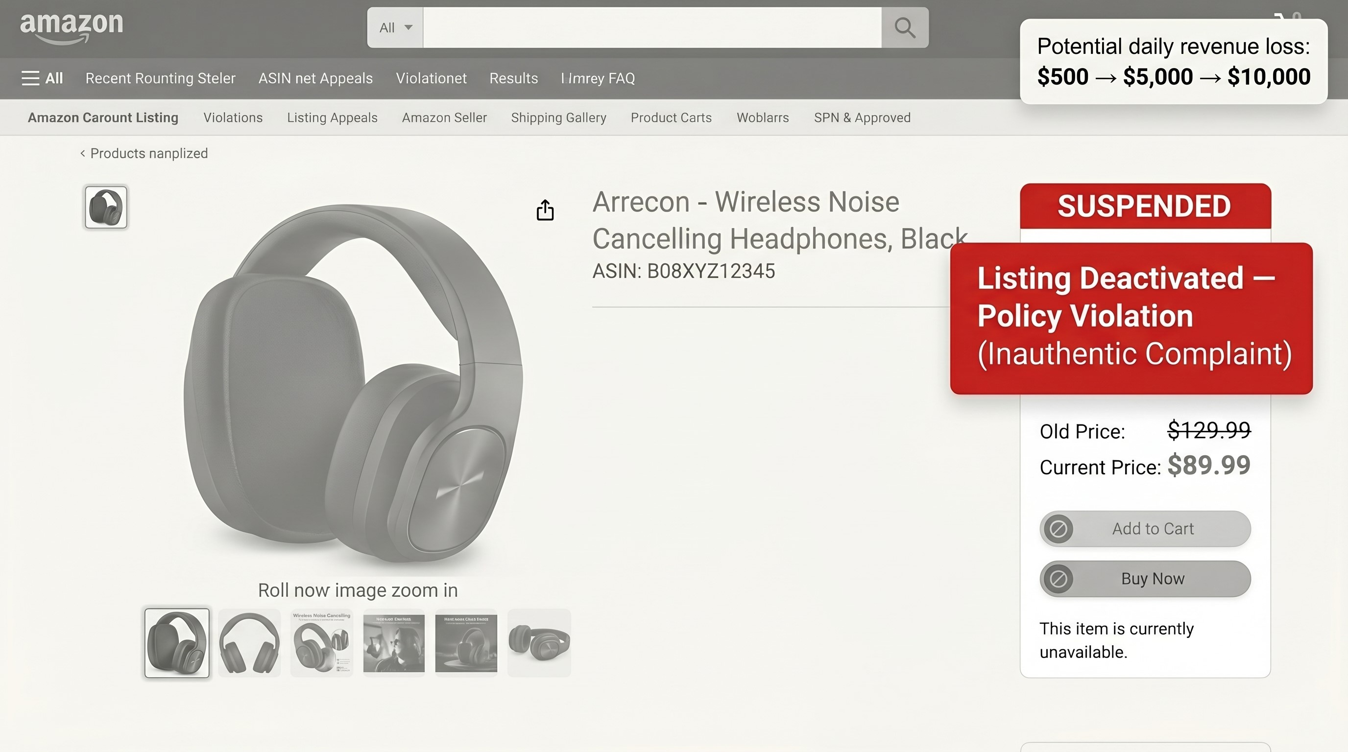 Amazon customer complaint suspension — listing removed after buyer report